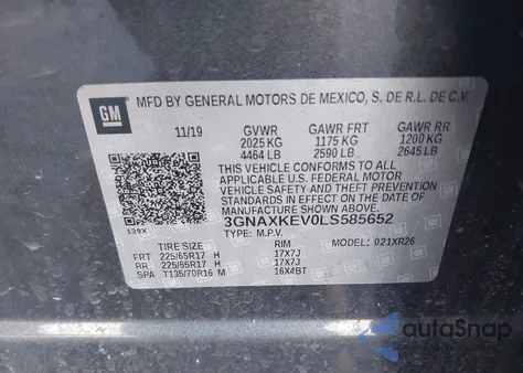 2020 Chevrolet Equinox Fwd Lt 1.5L Turbo из США, поврежденный, VIN 3GNAXKEV0LS585652